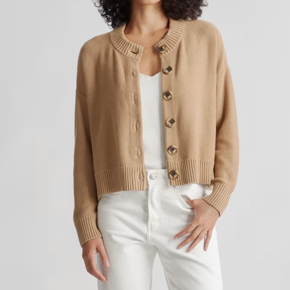 Quince Women's Organic Cotton Cropped Cardigan Camel Brown Small